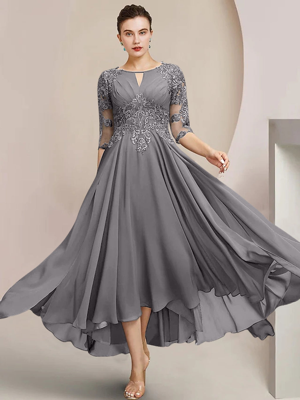 Robes de mère de la mariée coupe trapèze/décolleté princesse, longueur thé 