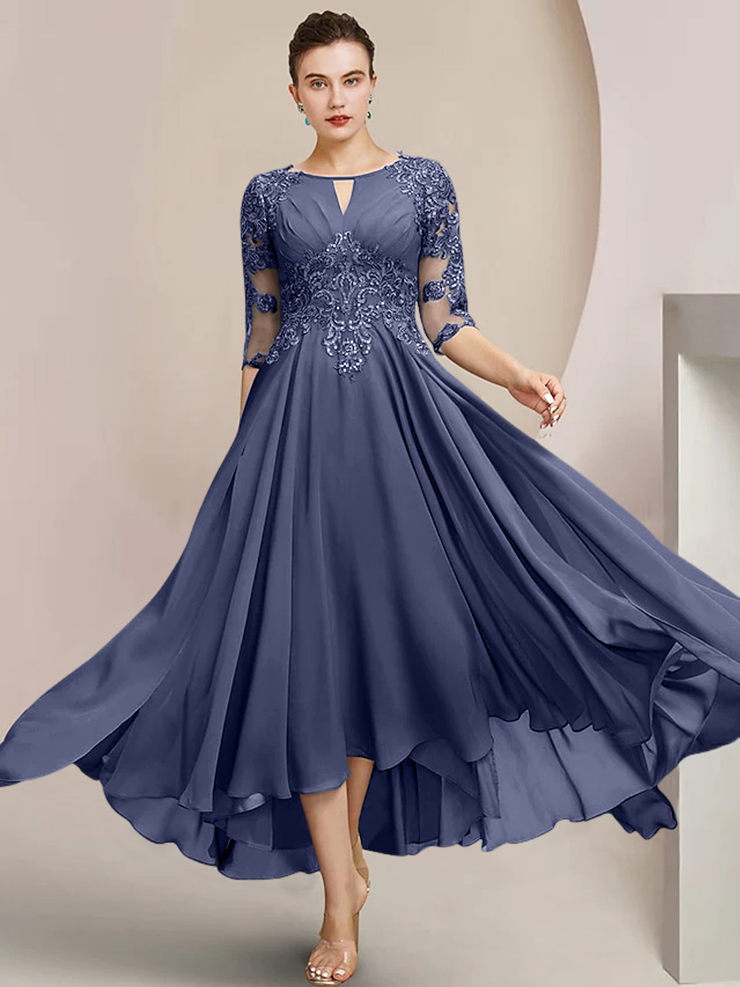 Robes de mère de la mariée coupe trapèze/décolleté princesse, longueur thé 