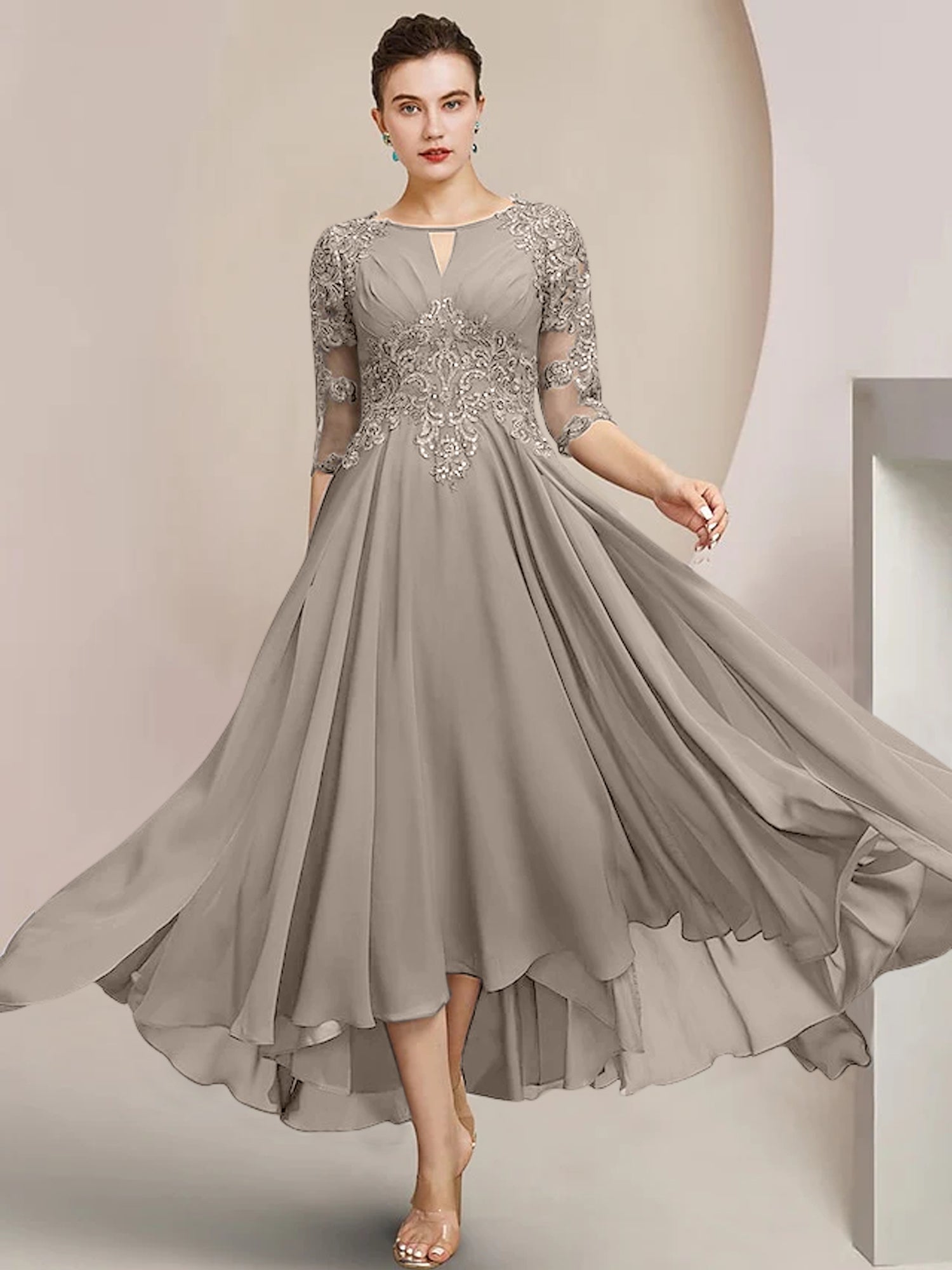 Robes de mère de la mariée coupe trapèze/décolleté princesse, longueur thé 