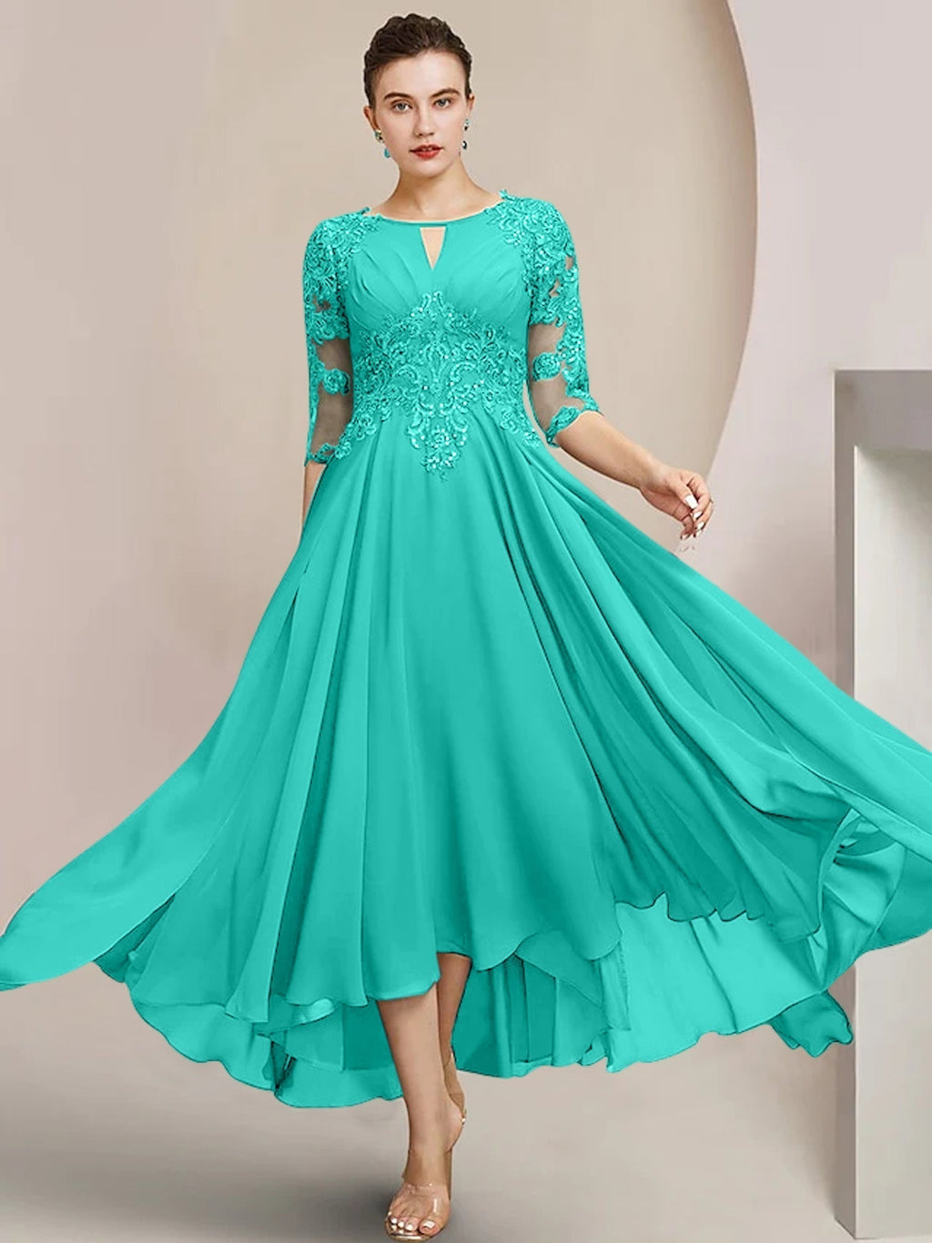 Robes de mère de la mariée coupe trapèze/décolleté princesse, longueur thé 