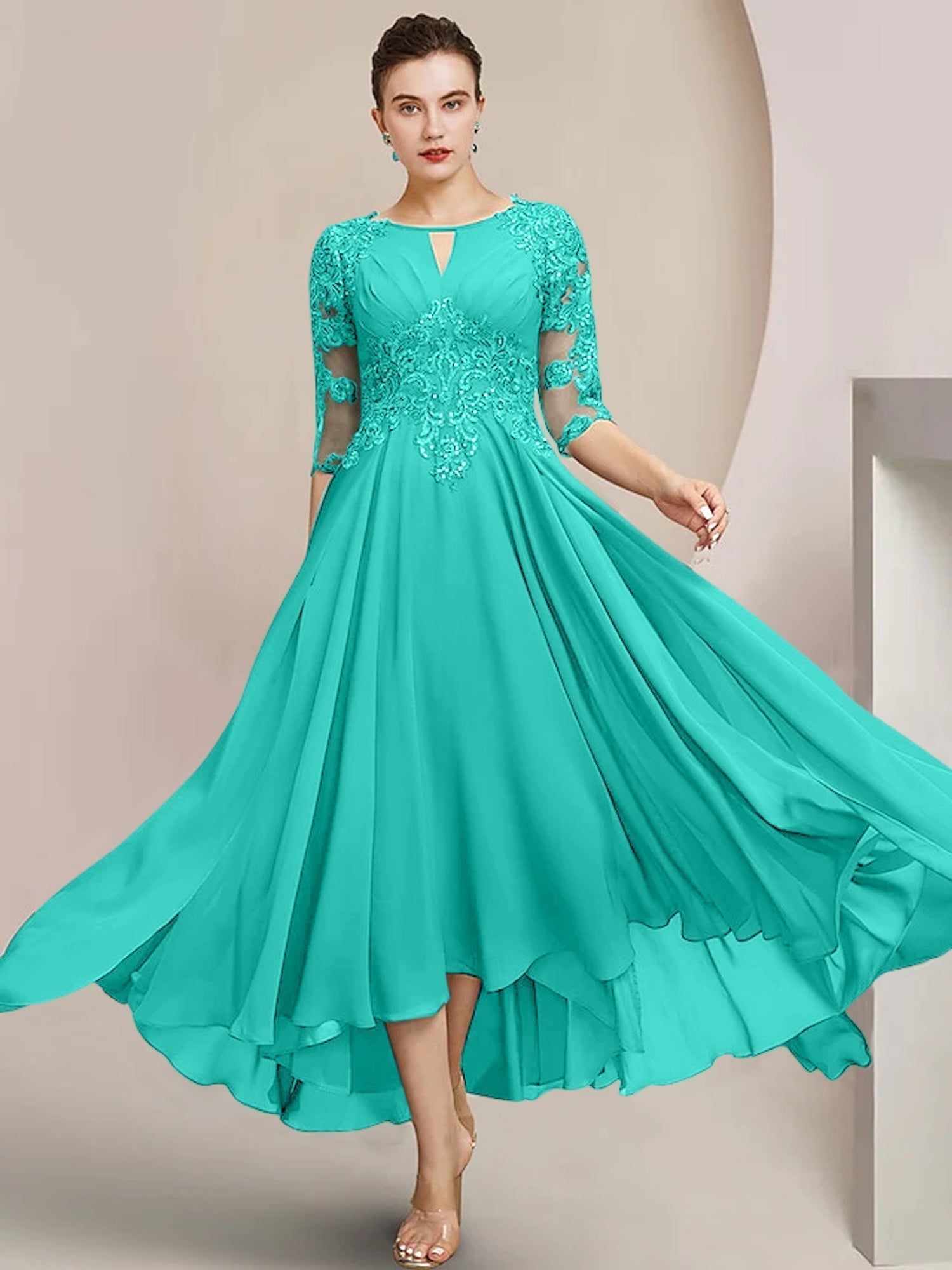 Robes de mère de la mariée coupe trapèze/décolleté princesse, longueur thé 