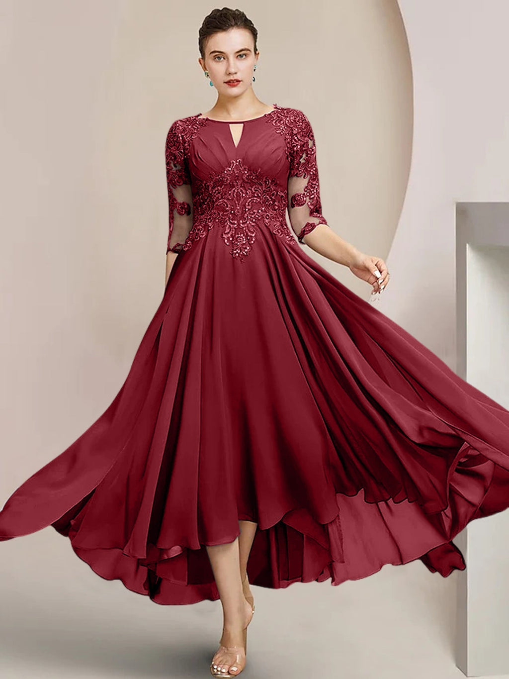Robes de mère de la mariée coupe trapèze/décolleté princesse, longueur thé 