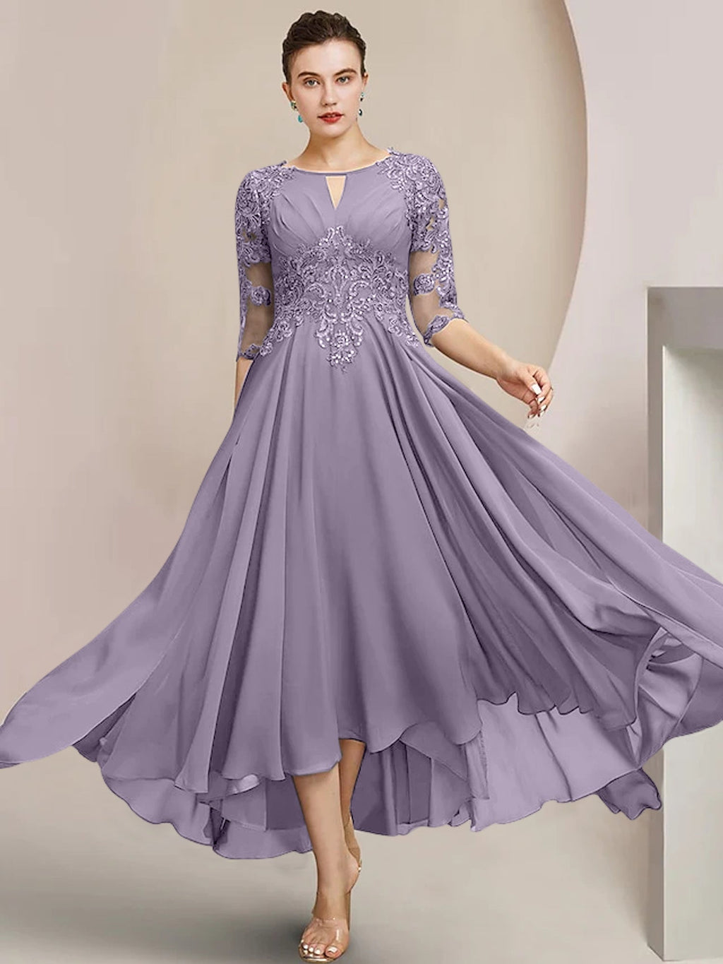 Robes de mère de la mariée coupe trapèze/décolleté princesse, longueur thé 