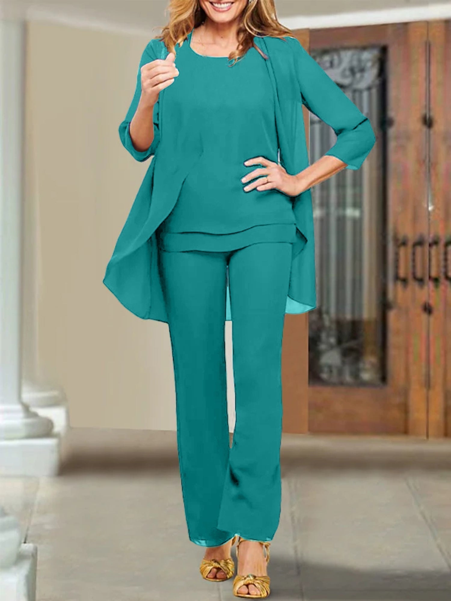 Trajes de pantalón de gasa con escote redondo para la madre de la novia 