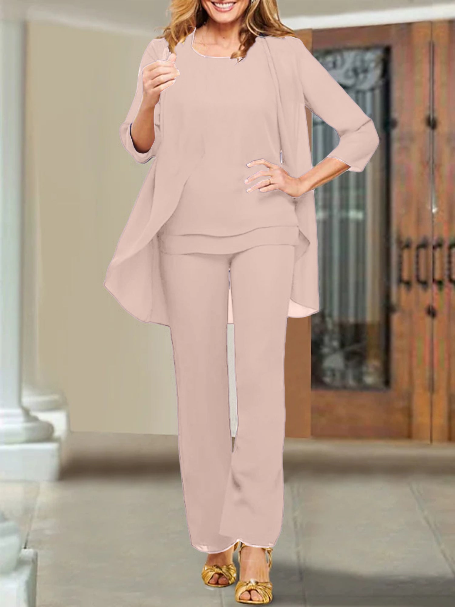 Trajes de pantalón de gasa con escote redondo para la madre de la novia 