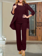 Tailleur-pantalon en mousseline à col rond pour la mère de la mariée 