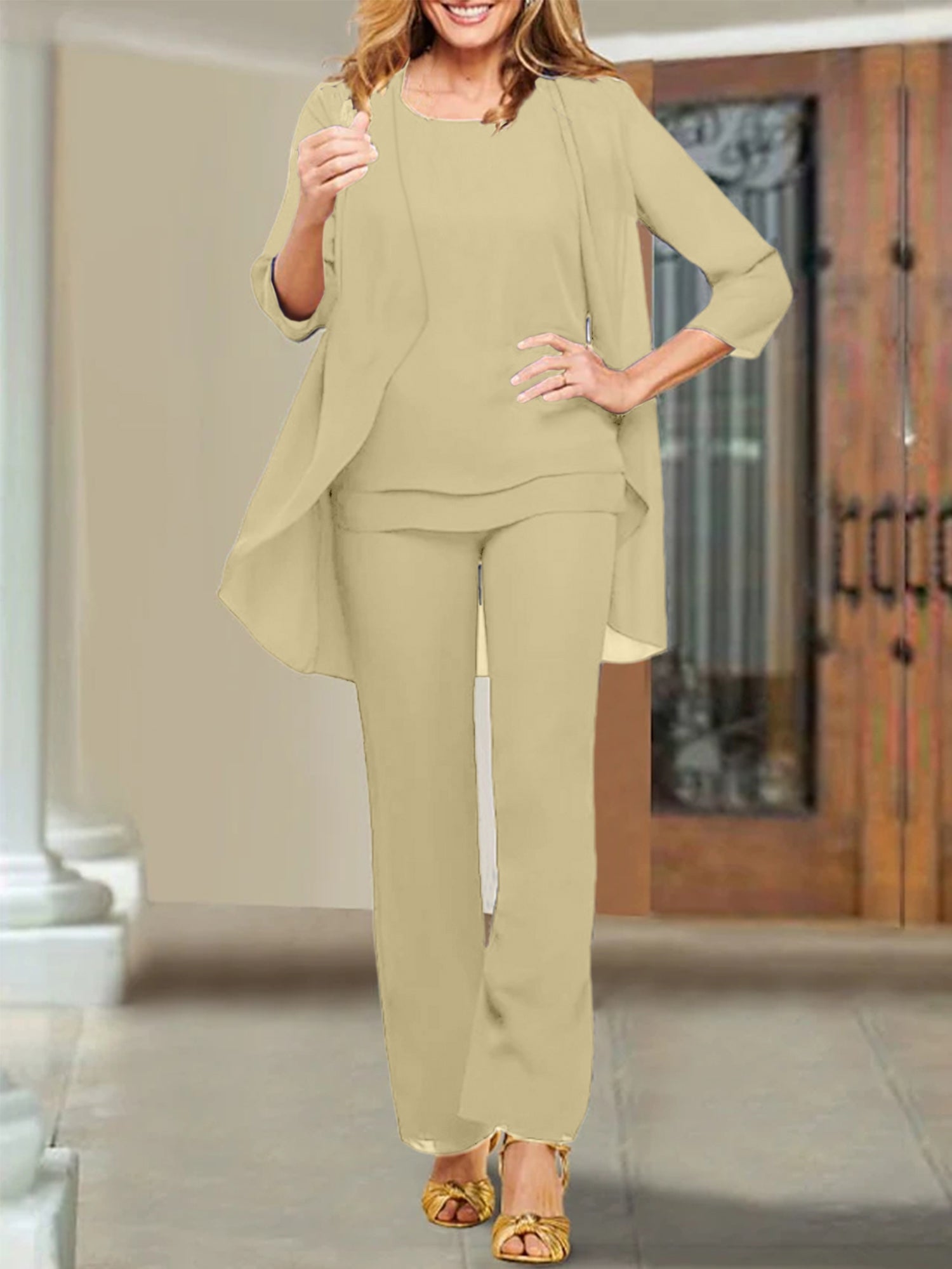 Trajes de pantalón de gasa con escote redondo para la madre de la novia 