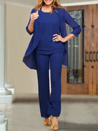 Tailleur-pantalon en mousseline à col rond pour la mère de la mariée 