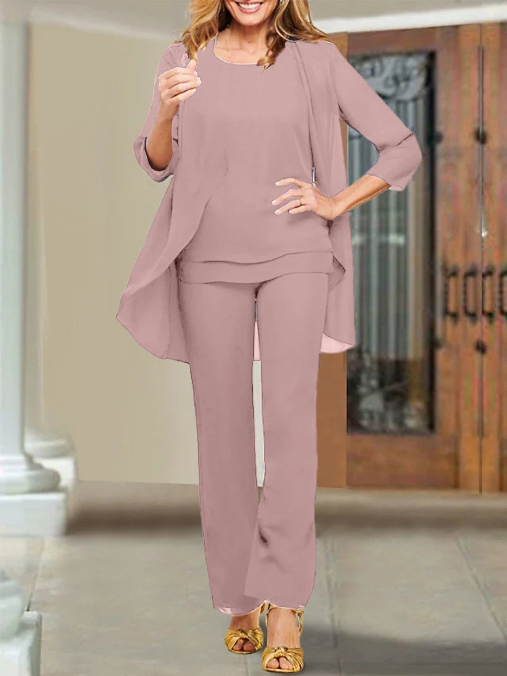 Tailleur-pantalon en mousseline à col rond pour la mère de la mariée 