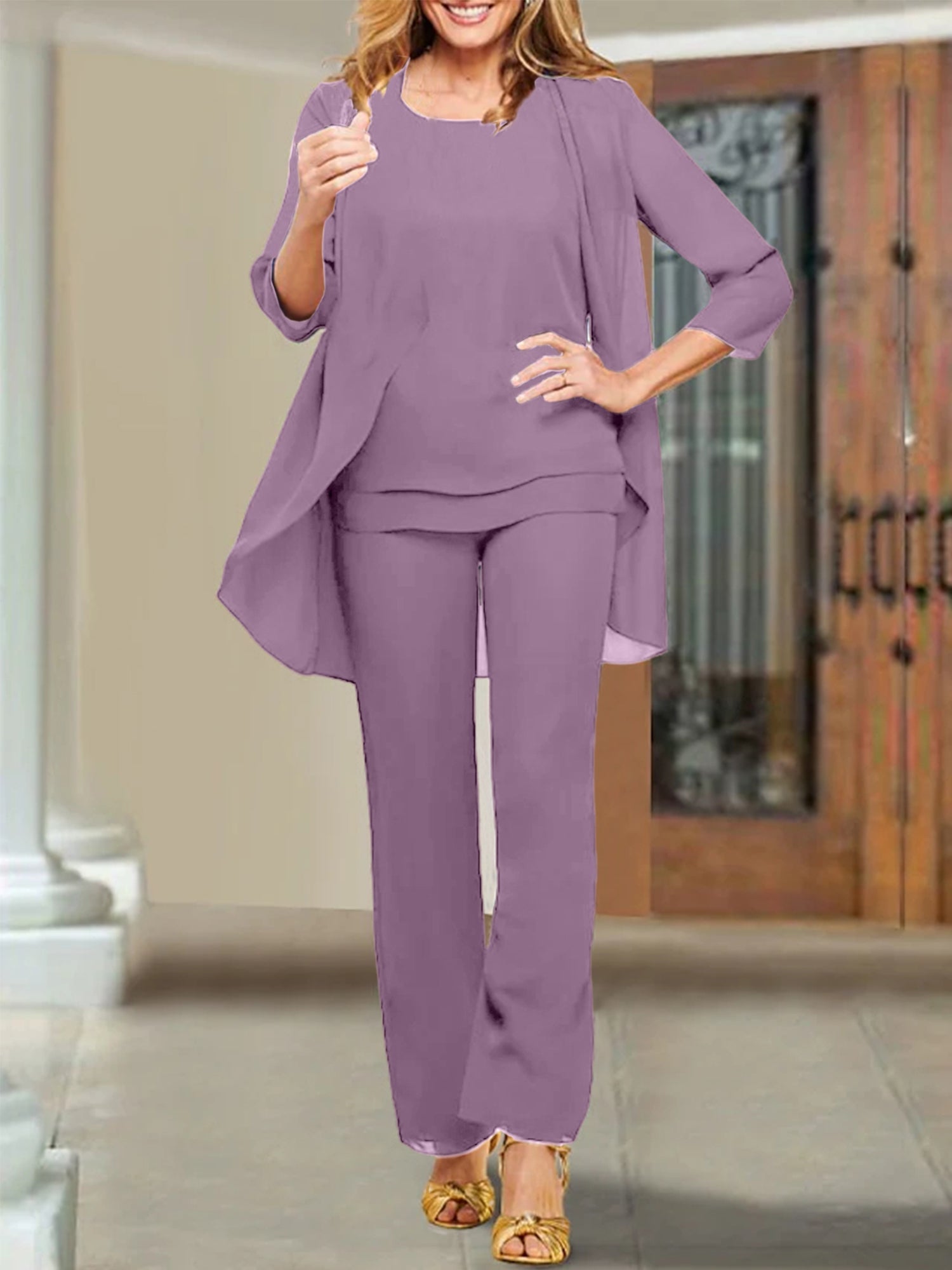 Tailleur-pantalon en mousseline à col rond pour la mère de la mariée 
