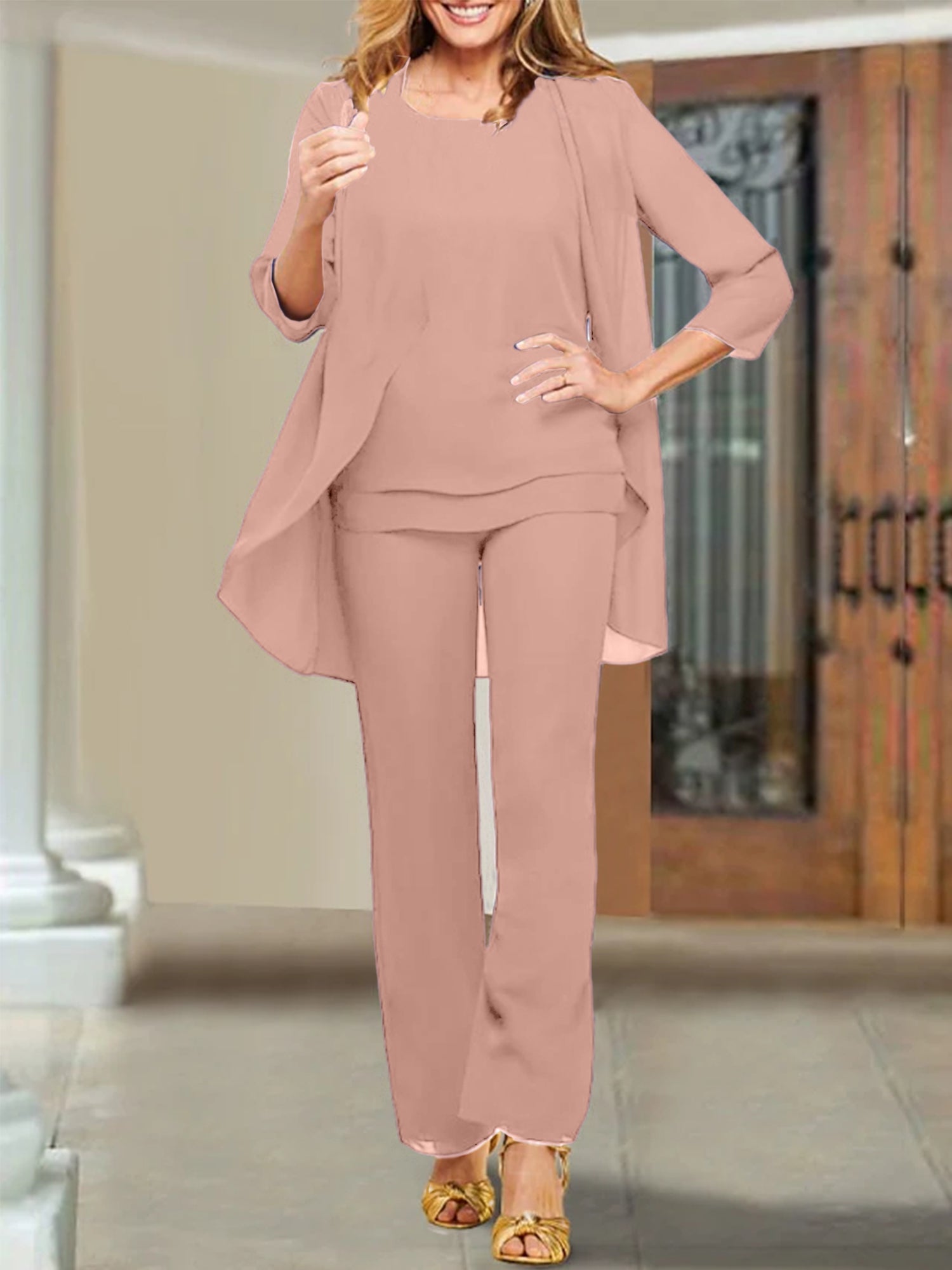 Tailleur-pantalon en mousseline à col rond pour la mère de la mariée 