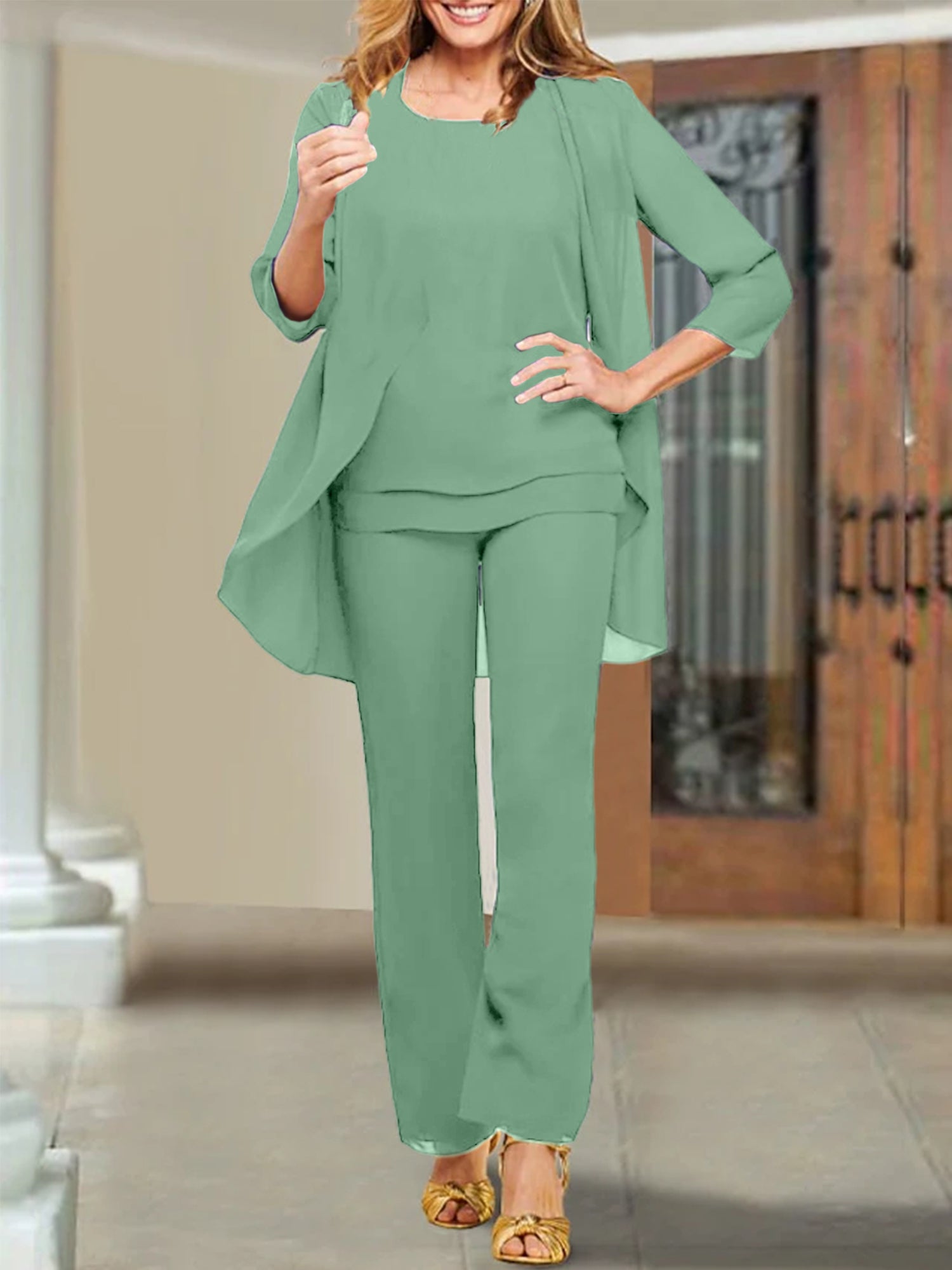 Trajes de pantalón de gasa con escote redondo para la madre de la novia 