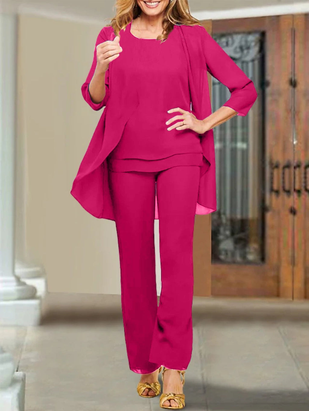 Tailleur-pantalon en mousseline à col rond pour la mère de la mariée 