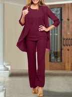 Tailleur-pantalon en mousseline à col rond pour la mère de la mariée 