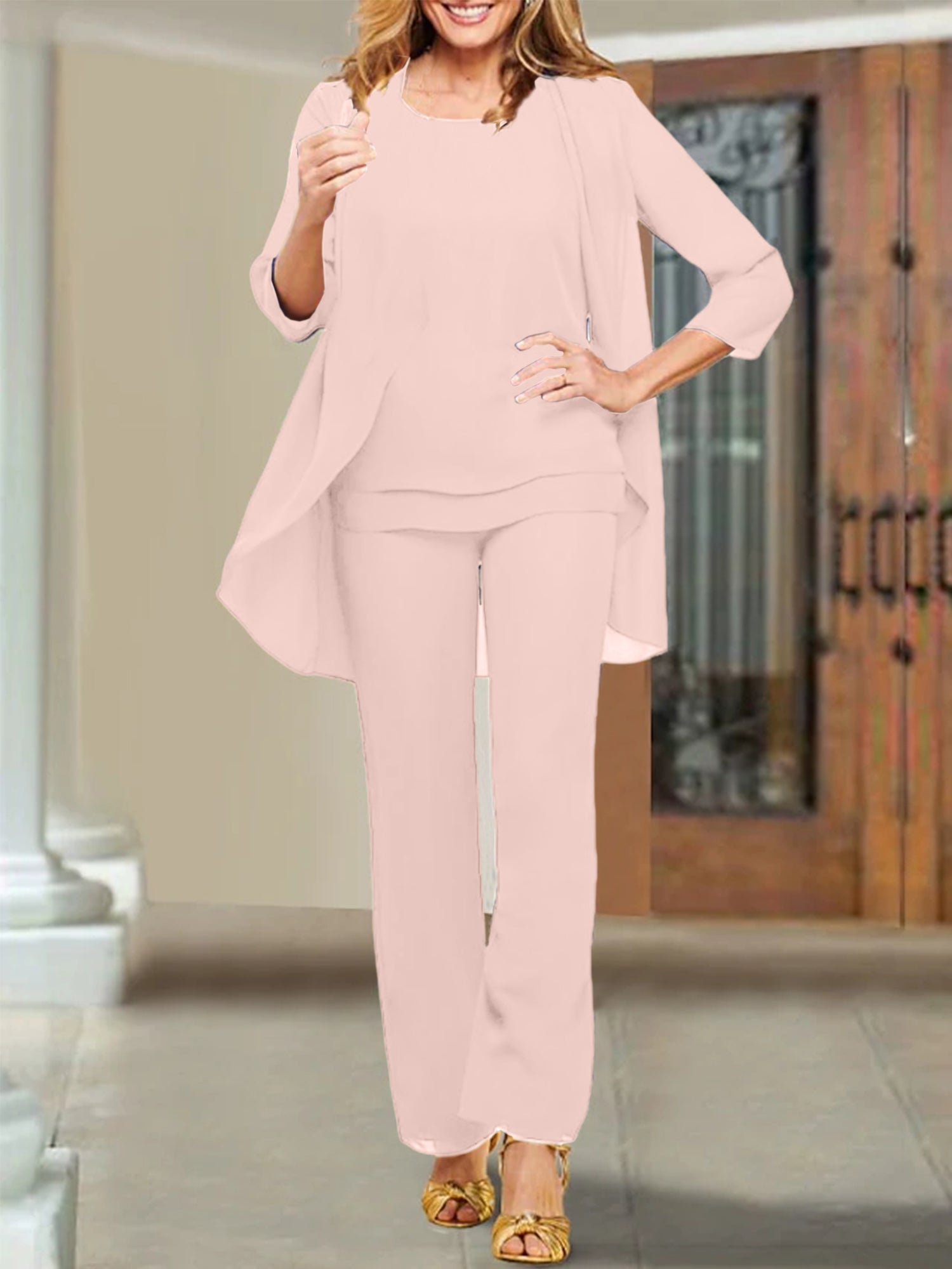 Tailleur-pantalon en mousseline à col rond pour la mère de la mariée 