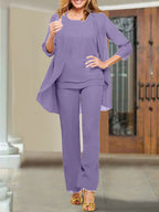 Tailleur-pantalon en mousseline à col rond pour la mère de la mariée 