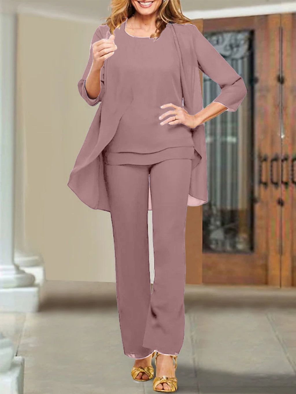 Tailleur-pantalon en mousseline à col rond pour la mère de la mariée 