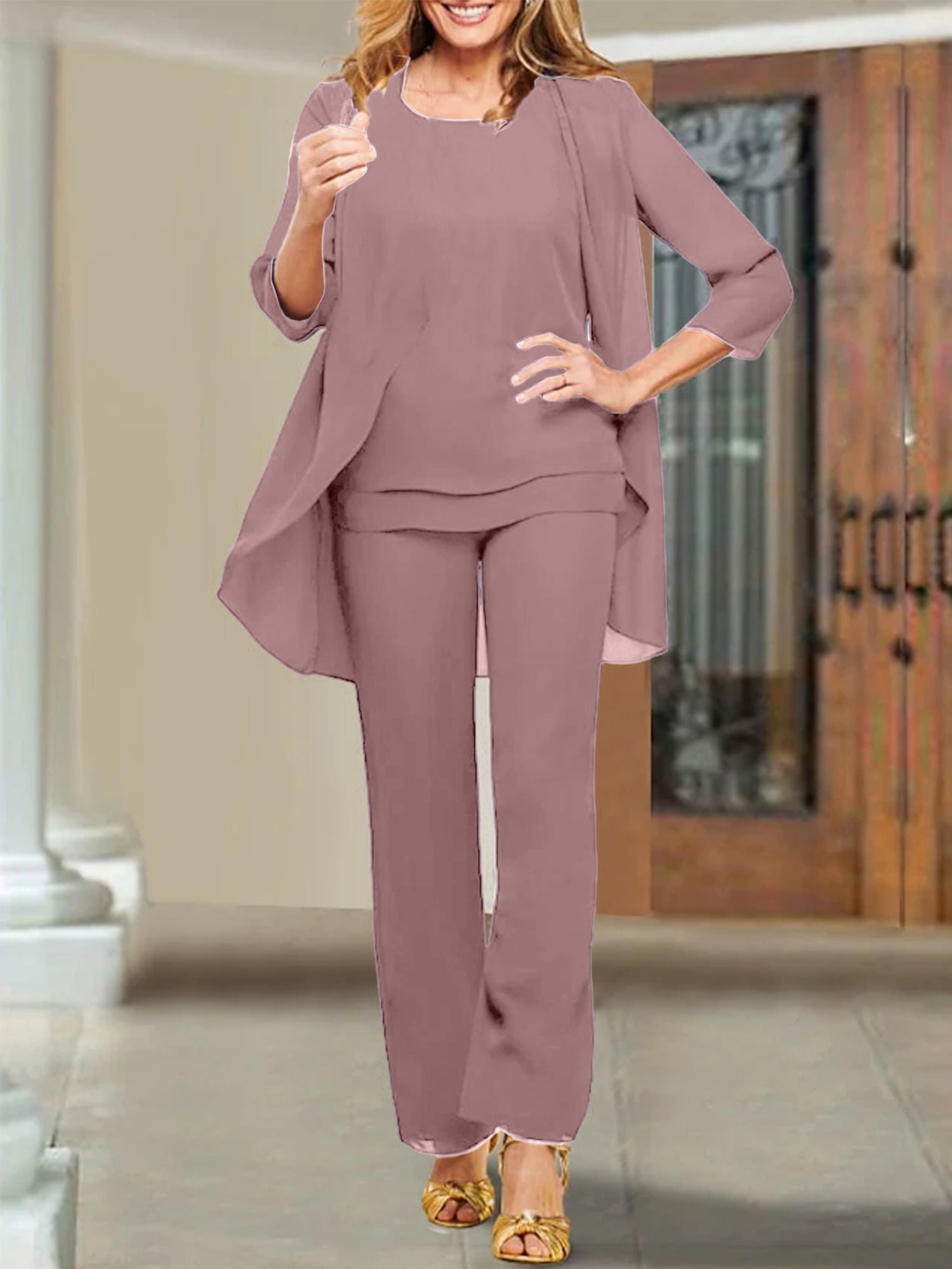 Trajes de pantalón de gasa con escote redondo para la madre de la novia 