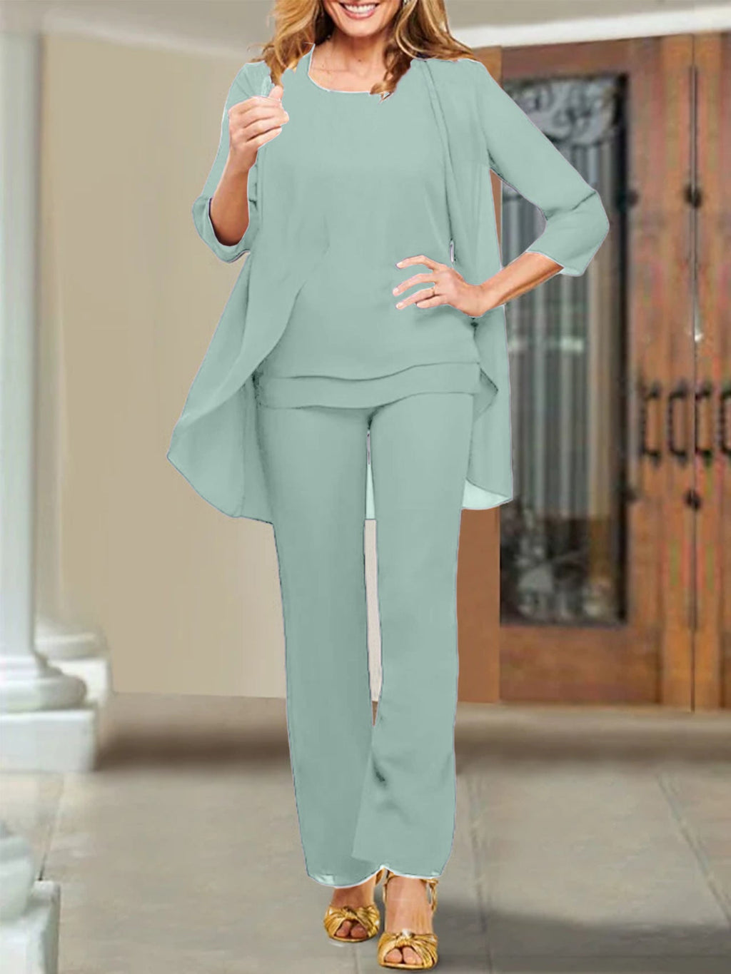 Tailleur-pantalon en mousseline à col rond pour la mère de la mariée 