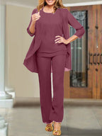 Tailleur-pantalon en mousseline à col rond pour la mère de la mariée 