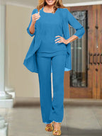 Tailleur-pantalon en mousseline à col rond pour la mère de la mariée 