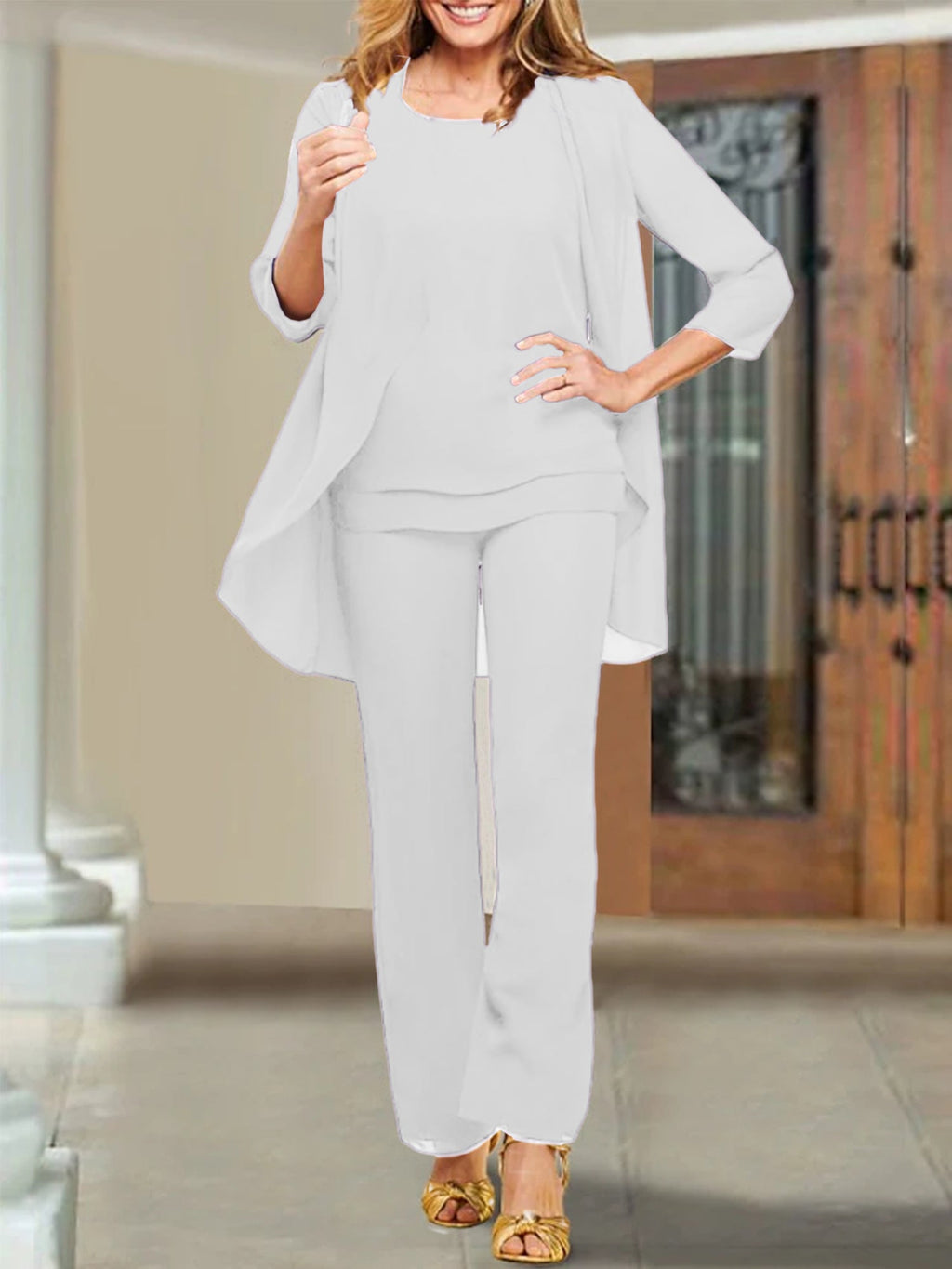 Tailleur-pantalon en mousseline à col rond pour la mère de la mariée 
