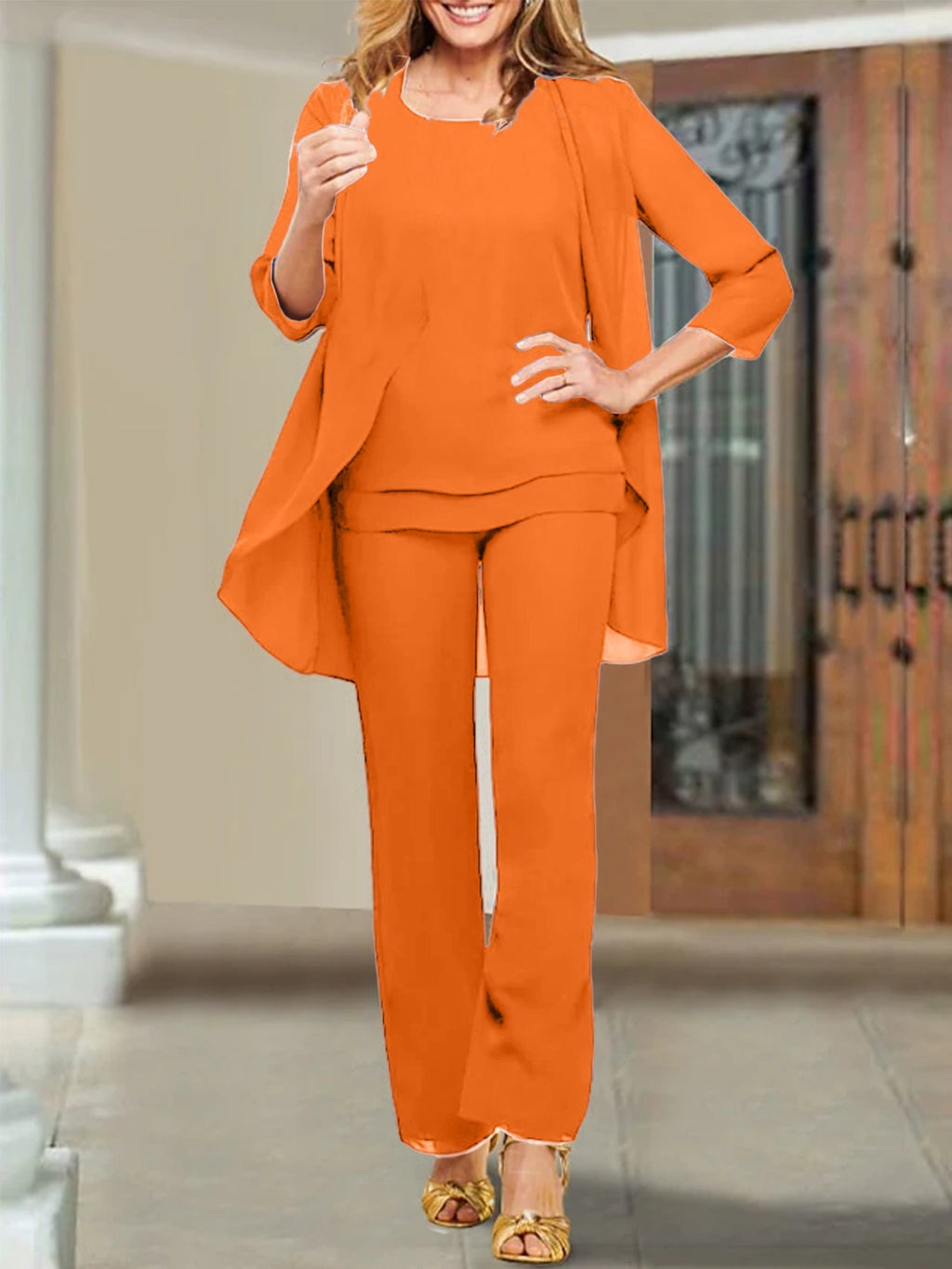 Tailleur-pantalon en mousseline à col rond pour la mère de la mariée 