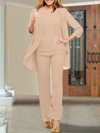 Tailleur-pantalon en mousseline à col rond pour la mère de la mariée 