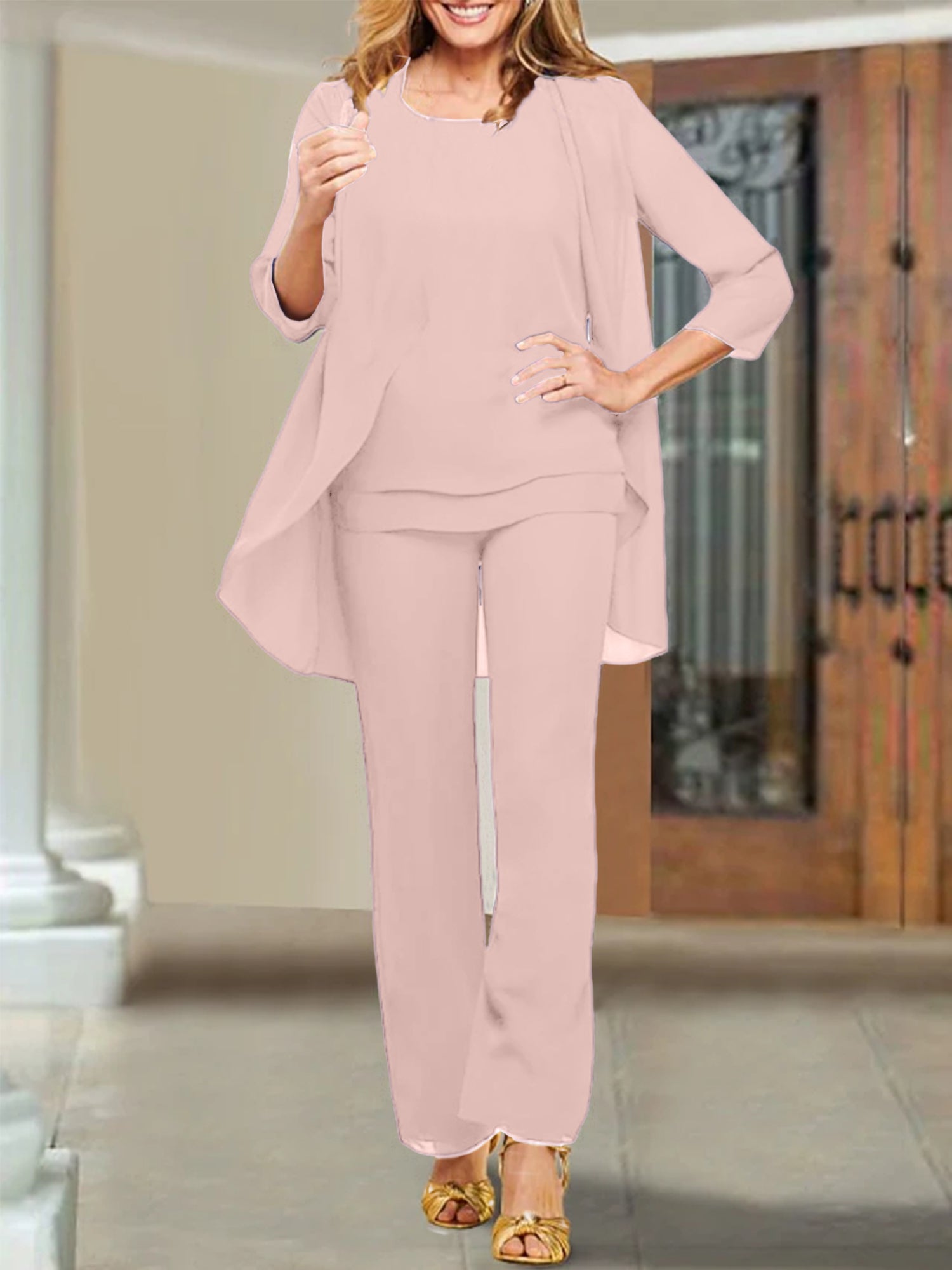 Trajes de pantalón de gasa con escote redondo para la madre de la novia 