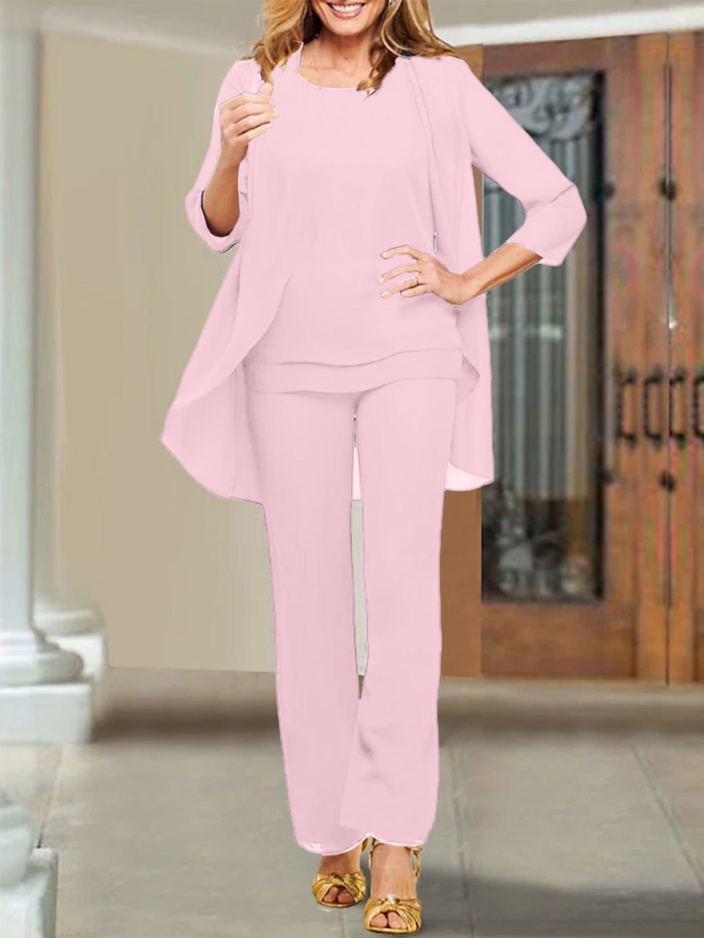 Tailleur-pantalon en mousseline à col rond pour la mère de la mariée 