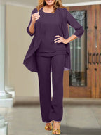 Tailleur-pantalon en mousseline à col rond pour la mère de la mariée 