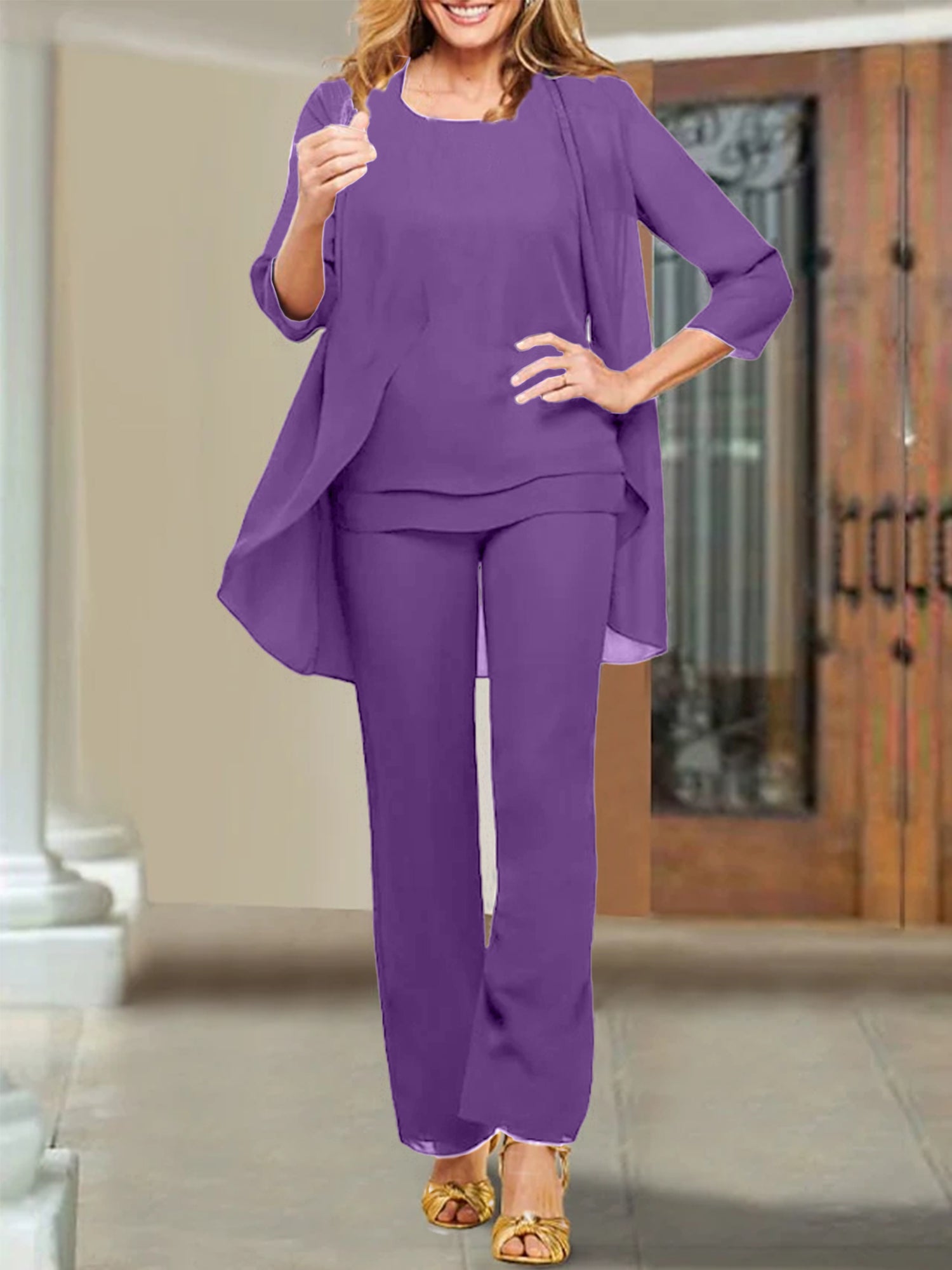 Tailleur-pantalon en mousseline à col rond pour la mère de la mariée 