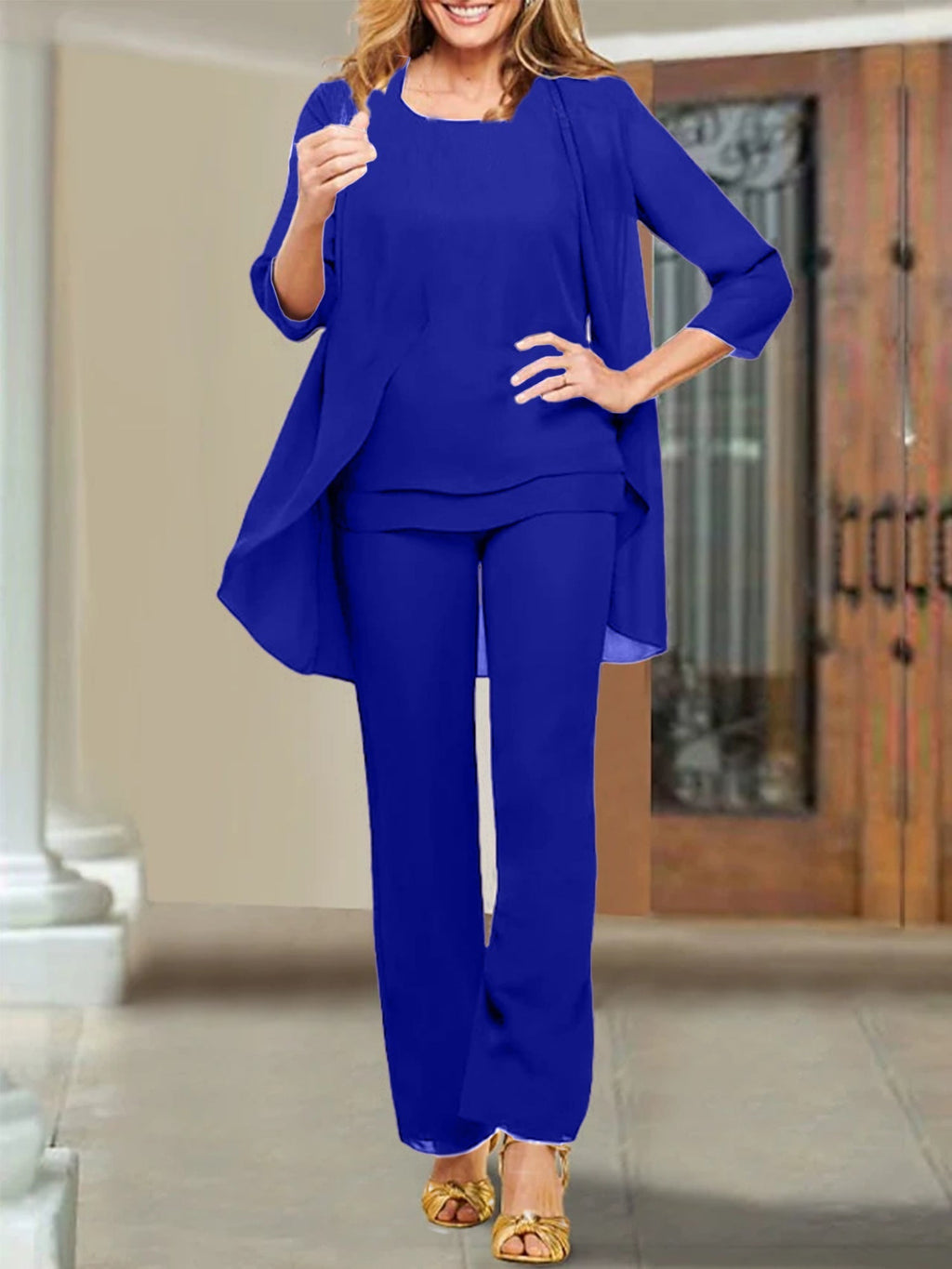 Tailleur-pantalon en mousseline à col rond pour la mère de la mariée 