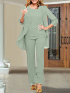 Tailleur-pantalon en mousseline à col rond pour la mère de la mariée 