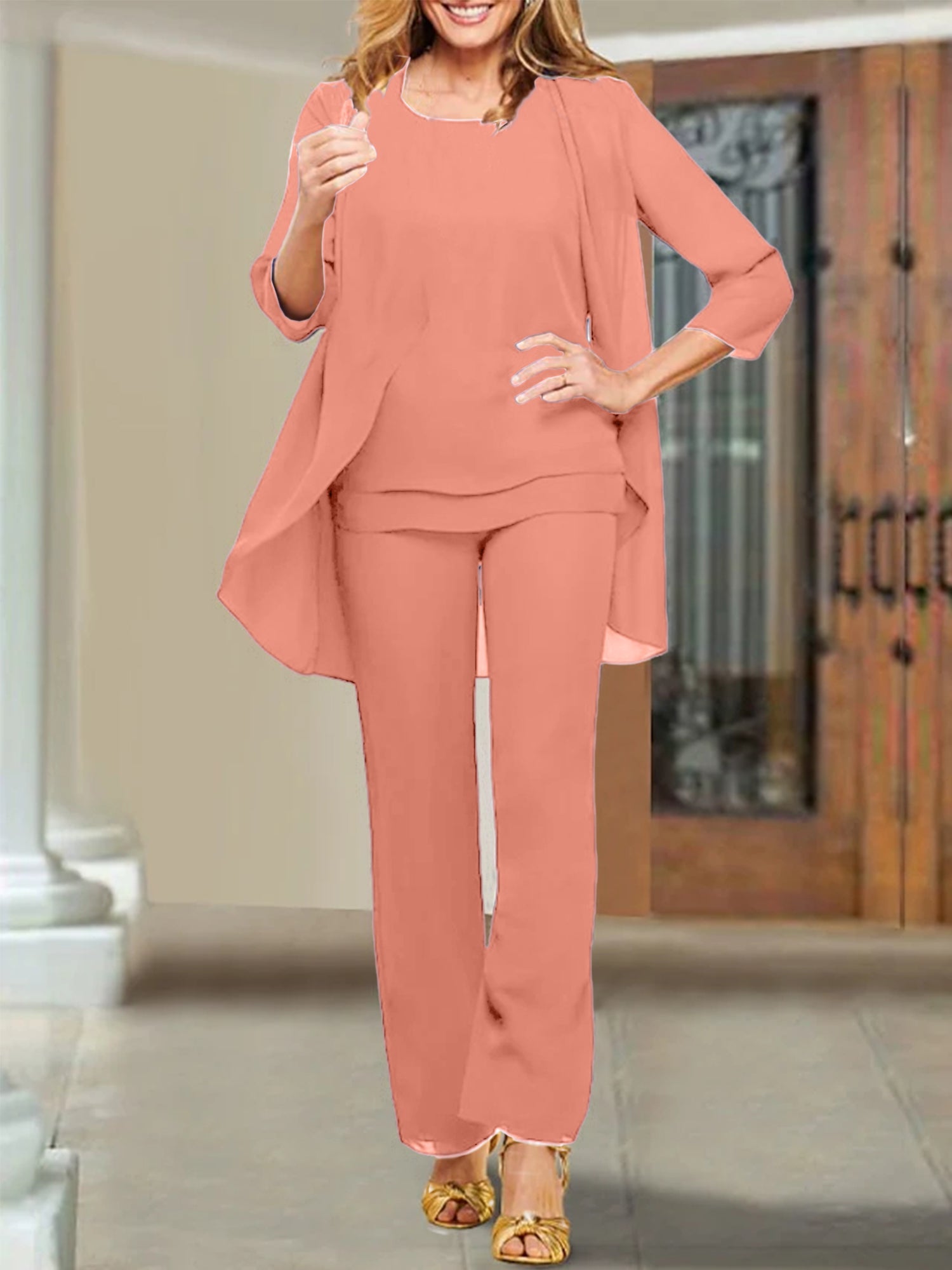 Trajes de pantalón de gasa con escote redondo para la madre de la novia 