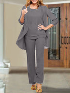 Tailleur-pantalon en mousseline à col rond pour la mère de la mariée 