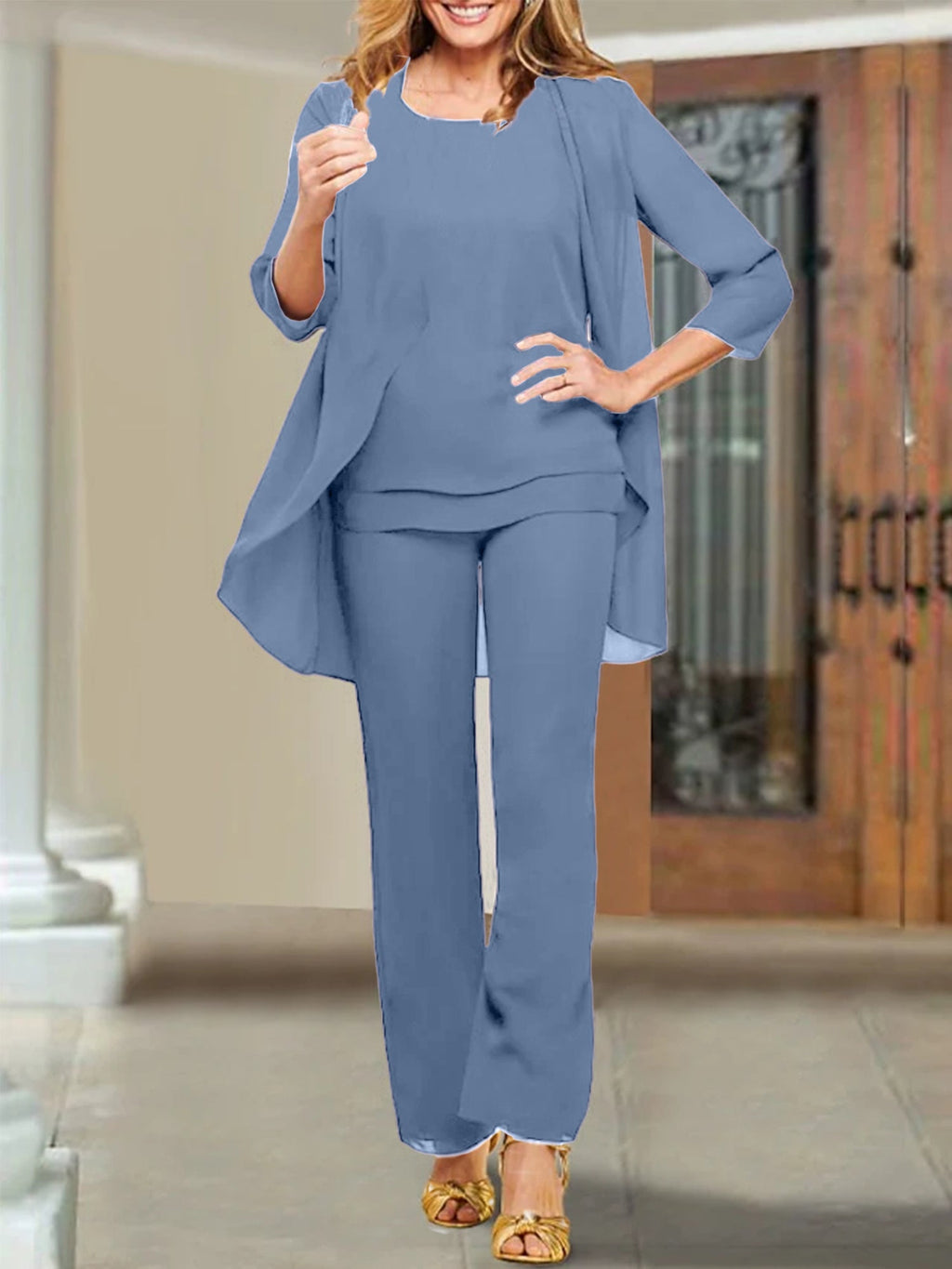 Tailleur-pantalon en mousseline à col rond pour la mère de la mariée 