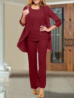 Tailleur-pantalon en mousseline à col rond pour la mère de la mariée 