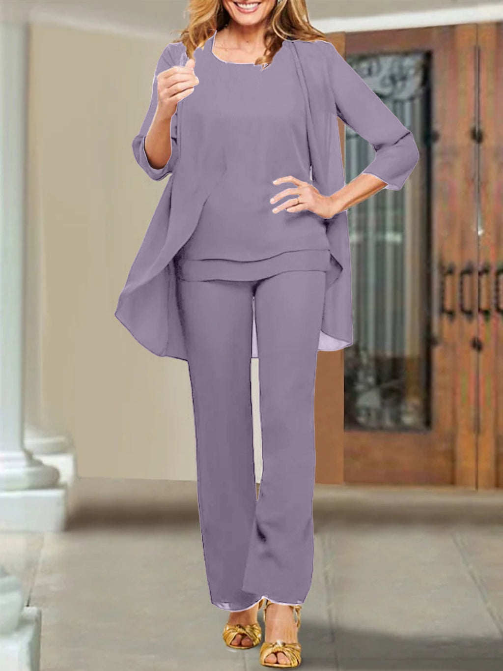 Tailleur-pantalon en mousseline à col rond pour la mère de la mariée 