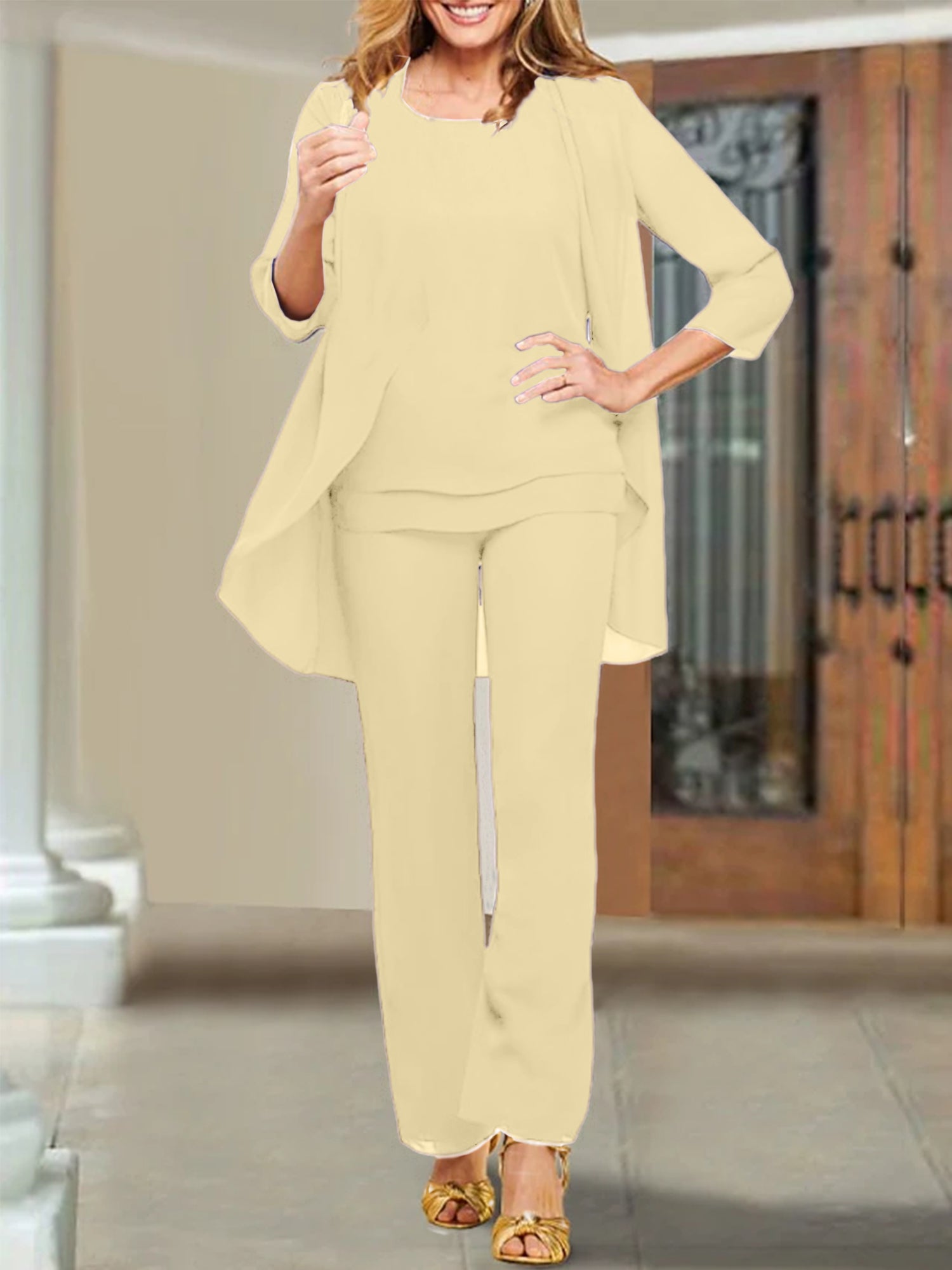 Trajes de pantalón de gasa con escote redondo para la madre de la novia 
