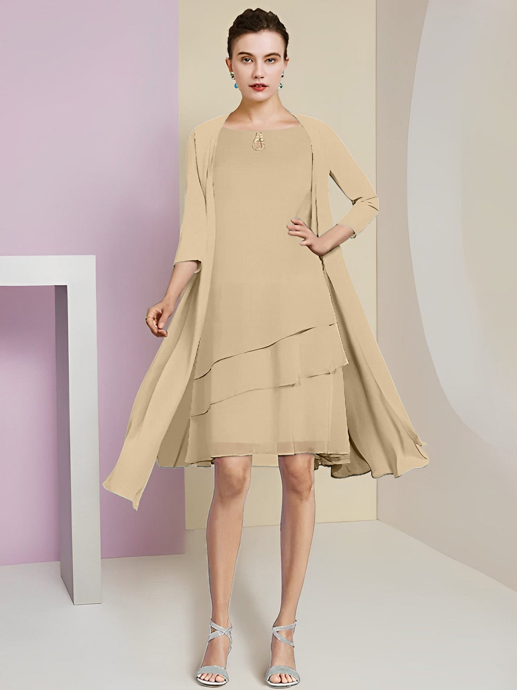 Vestidos de corte princesa/línea A con cuello joya hasta la rodilla para la madre de la novia 