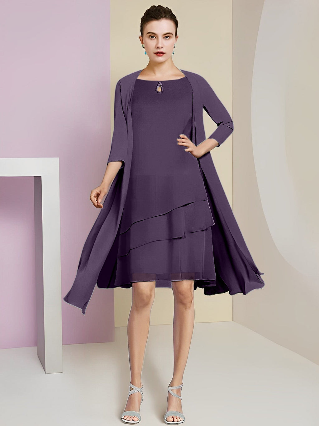 Vestidos de corte princesa/línea A con cuello joya hasta la rodilla para la madre de la novia 