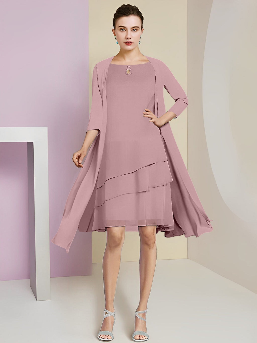 Vestidos de corte princesa/línea A con cuello joya hasta la rodilla para la madre de la novia 