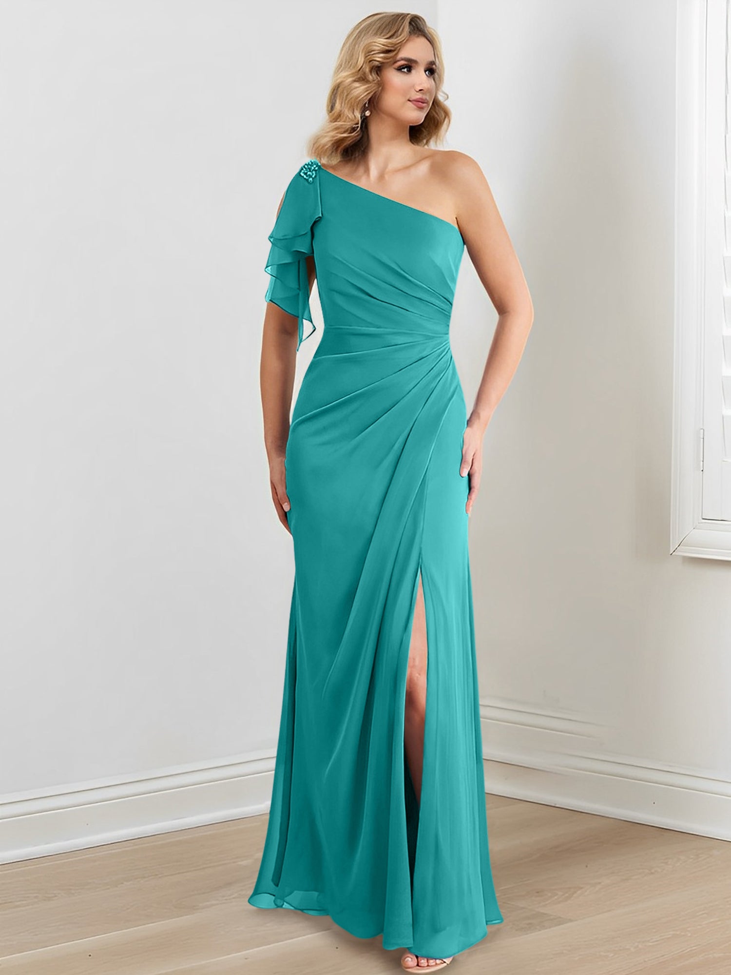 Vestidos de corte recto/columna con un solo hombro y largo hasta el suelo para la madre de la novia 