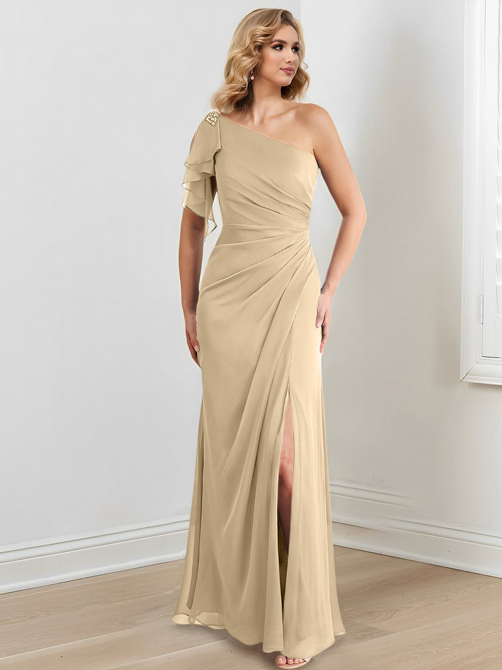 Vestidos de corte recto/columna con un solo hombro y largo hasta el suelo para la madre de la novia 