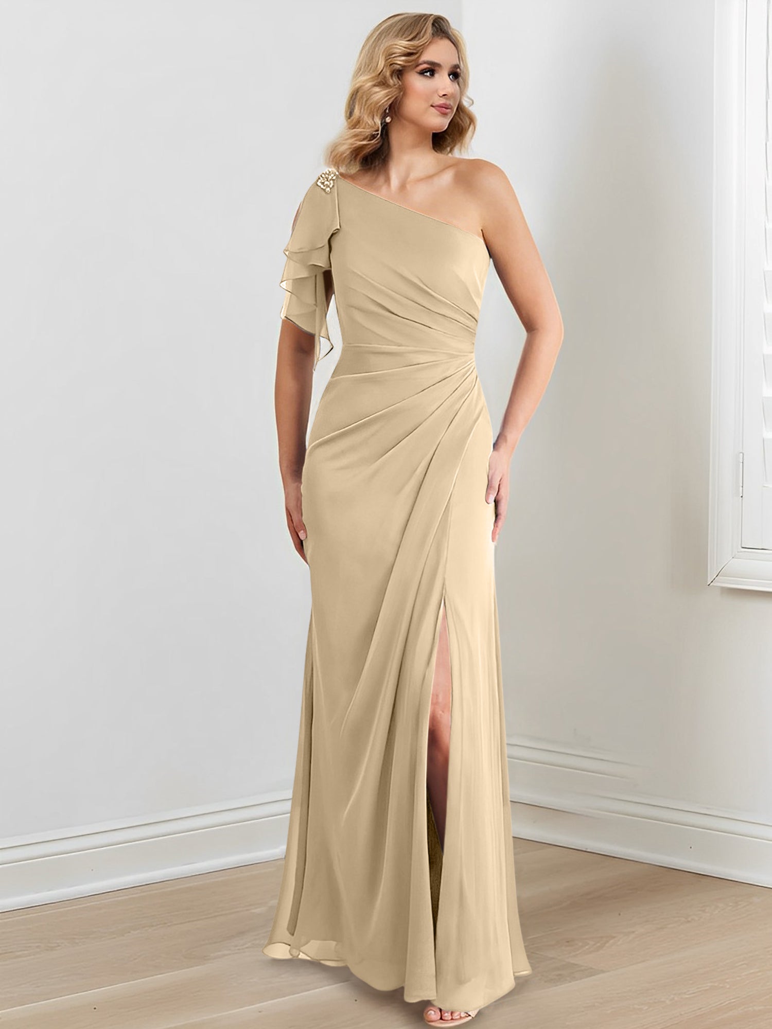 Vestidos de corte recto/columna con un solo hombro y largo hasta el suelo para la madre de la novia 