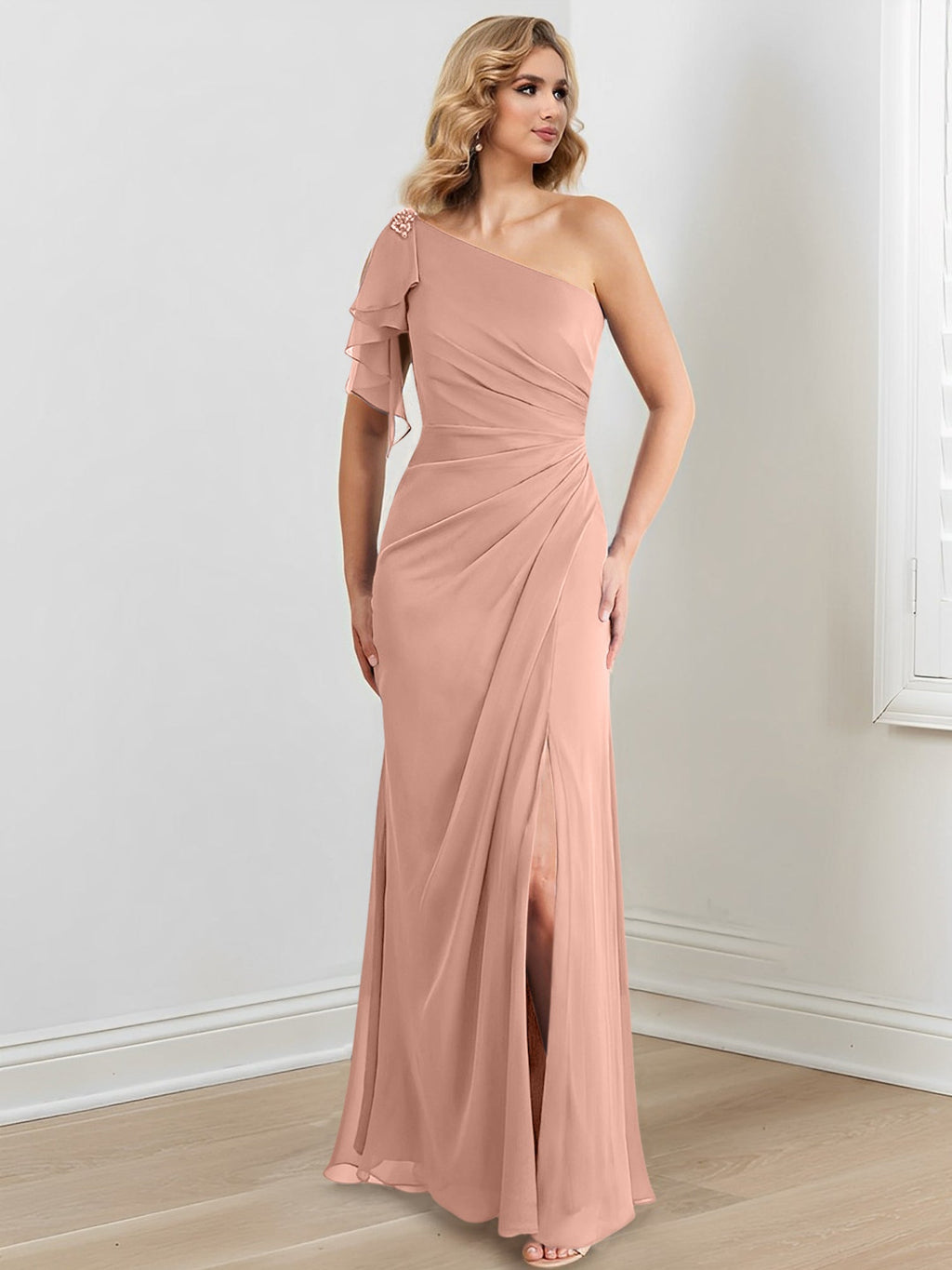 Vestidos de corte recto/columna con un solo hombro y largo hasta el suelo para la madre de la novia 