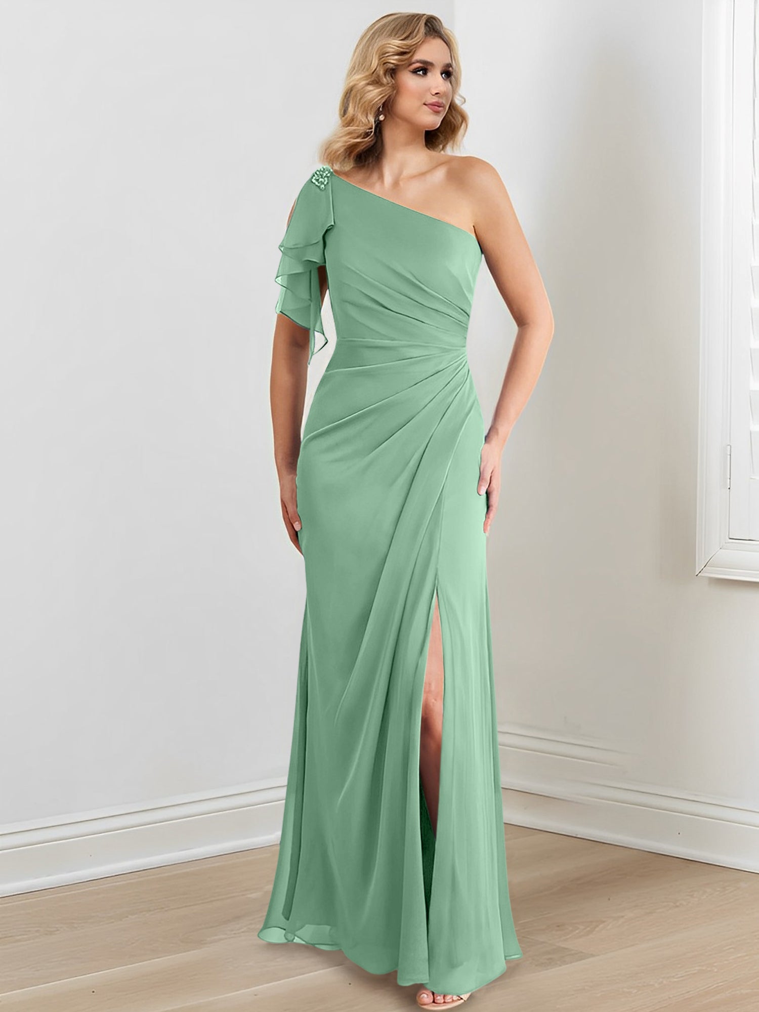 Vestidos de corte recto/columna con un solo hombro y largo hasta el suelo para la madre de la novia 
