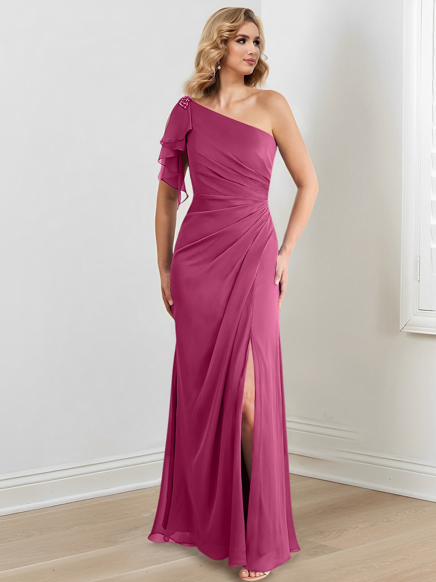 Vestidos de corte recto/columna con un solo hombro y largo hasta el suelo para la madre de la novia 