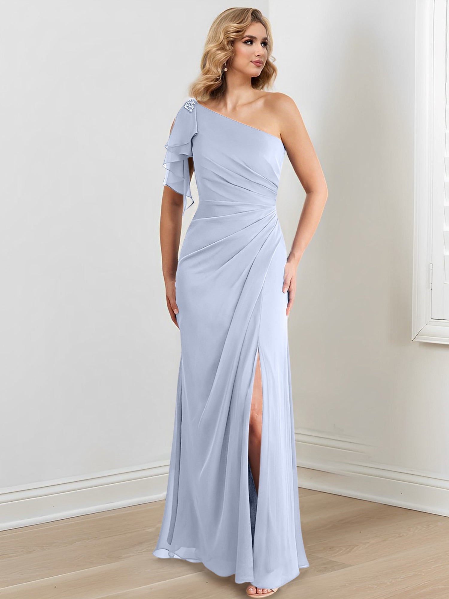 Vestidos de corte recto/columna con un solo hombro y largo hasta el suelo para la madre de la novia 